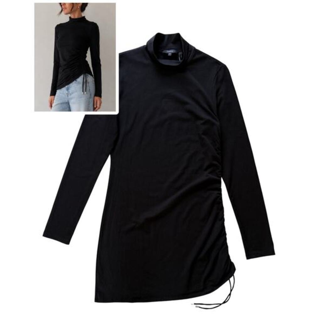 Theory Ranmire Mock Neck Fitted Ruched Asymmetric Hem‎ Side Tie Stretch Black M